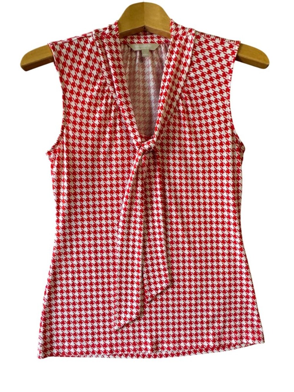 Banana Republic Sleeveless Red & White Houndstooth Tie Neck Blouse XS